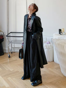 Elegant Long Black PU Leather Jacket Womens Tall Suiting Coat Spring Autumn New Style Korean Version Button Pocket Detail