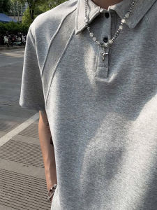Áo Thun Polo Tay Ngắn American Heavyweight Dành Cho Nam Mùa Hè Cổ Polo Boxy Ghép Nối Tay Lửng Màu Xám Tay Áo Thường Xuyên Cotton Polyester