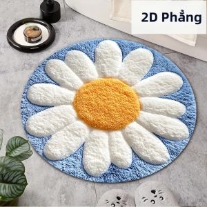 VIKAMA Hoa Cúc Thảm Tròn Màu Xanh Trắng Chống Trơn Trượt Polyester Mềm Mại Thảm Tắm Họa Tiết Hoa Trong Nhà Thảm Trải Sàn Cho Phòng Tắm Phòng Ngủ Trang Trí Nhà Cửa