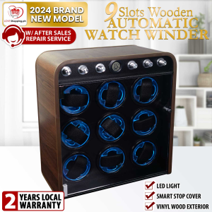 9 Slots Wooden Automatic Watch Winder with LED Light + Silent Operation & Anti-Magnetic Technology
