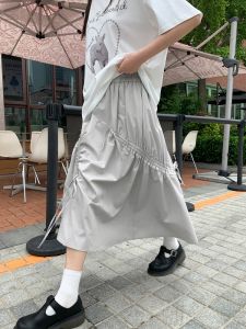 Hello Canon Design Sense Drawstring Tie Waist Pleated Half Skirt Women Summer 2024 New Style High Waist A-Line Long Skirt