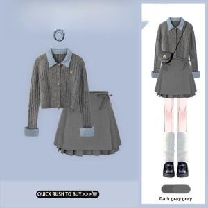 Womens Polo Neck Long Sleeve Knitted Top Pleated Short Style Set with Half Skirt Autumn College Style Fashion Two-Piece Suit