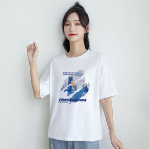 Áo Thun Cotton Tay Ngắn in Họa Tiết Mùa Hè Màu Trắng Cho Nữ Dáng Rộng Cổ Tròn Tay Thường Mặc Thường Ngày