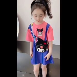 J&B 1-7 Yrs Girl Kid Cotton Kuromi Melody Short Sleeve T-Shirt Dress Faux Two-Piece Dress Baju Budak Perempuan  女童连衣裙