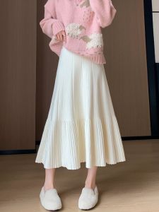 Thickened Knitted A-Line Fish Tail Skirt Womens Autumn Winter High Waist Pleated White Half-length Skirt Casual Warm City Commute