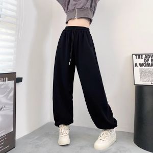 Plus Size Light Gray American Sports Pants Female Autumn and Winter Loose Slim Looking Casual Pants Chubby Girl Straight Wide Leg Sweatpants 300