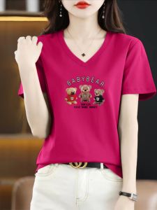 Pure Cotton V-Neck Short Sleeve T-Shirt Women Summer Korean Style Casual Loose Large Size Artistic Retro plus Size Top