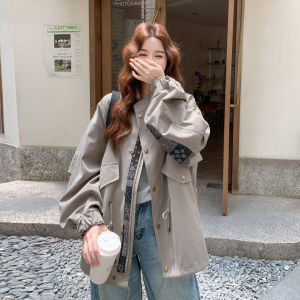 Grey British Style Vintage Patchwork Windbreaker Jacket Womens Loose Versatile Slimming Coat Autumn New Arrival Casual Commute