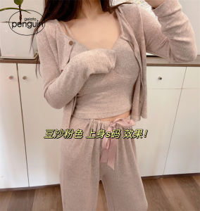 Penguin Spring Autumn Simple Cardigan Nightgown Home Clothes Girls Sleepwear Long Sleeve V-neck Pure Color Comfortable Home Suit