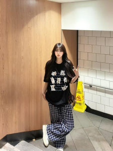 เสื้อยืดแขนสั้นผ้าฝ้ายแท้สไตล์อเมริกันสำหรับผู้หญิง ฤดูร้อน 2025 ใหม่ หลวม โอเวอร์ไซส์ คู่รัก ชุดเสื้อผ้า ชุดเสื้อผ้าสุนัข