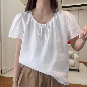 เสื้อเชิ้ตผู้หญิงแขนสั้นหลวมๆ สีพื้น คอกลม ทรงเข้ารูป ดีไซน์เชือกผูก แฟชั่นฤดูร้อน คอกลม เสื้อเชิ้ตผู้หญิง