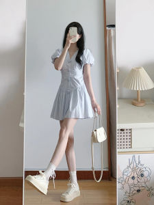 Blue Bubble Sleeve V-neck Shirt Dress Womens Waist-cinching Simple Fashion Floral Short Skirt Summer Korean Style Commute