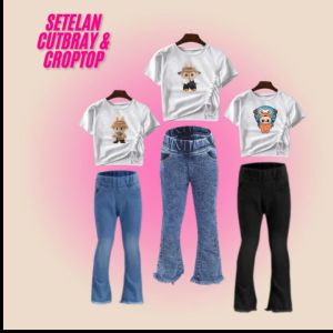 SETELAN CUTBRAY JEANS RAWIS DAN CROPTOP LABUBU ANAK PEREMPUAN