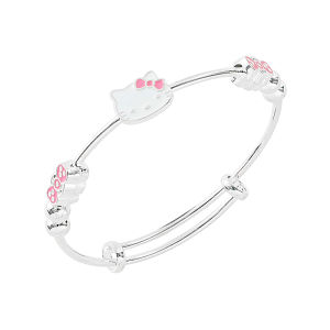 Sanrio | Silver Tone Hello Kitty Adjustable Bangle Zinc Alloy with Pink Bow Enamel Slider Design Open Bracelet for Girls & Sanrio Fans
