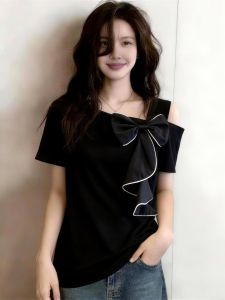 Slant Collar Off-Shoulder Short Sleeve T-Shirt Summer Slimming Bow