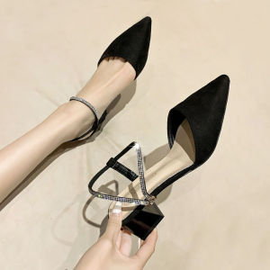 Fashionable Korean Style Sandals Womens Thick Heel Buckle Strap Head Cover Shoes Diamond Embellished Low Cut Daily Wear