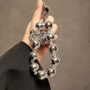 Electroplated Silver Bows Beaded Chain Applicable to All Phone Case Models Portable Lanyard Fashion Womens Exquisite Fancy Trending Unique New Arrival/Solid Bracelet Pendant Anti-Lost Durable