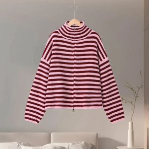 Striped Loose Knitted Cardigans Casual Stand Collar Zip Up Sweater Long Sleeve Slim Ribbed Sweater 2026 Autumn Cozy Cardigans