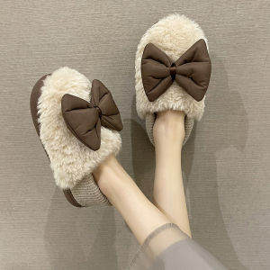 Cotton Slippers Womens Bag Winter Match Thick Sole Non Slip Indoor Home Warm and Cute Bows Stuffed Cotton Shoes Can Be Outwear