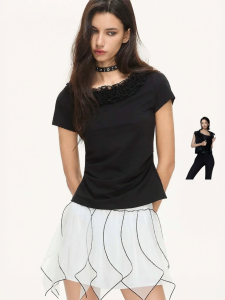 S·DEER | Áo Thun Cổ Tròn Giảm Cân Elegance Kết Hợp MESH