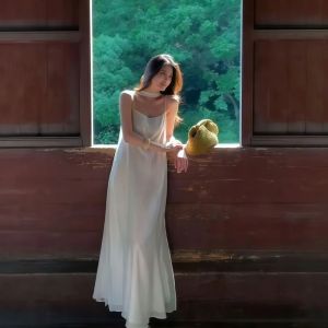 VKSOD | French Sweet White Strapless Dress Women Summer Vacation Loose Slim A-Line Long Skirt Korean Style Commute V-neck No-sleeve