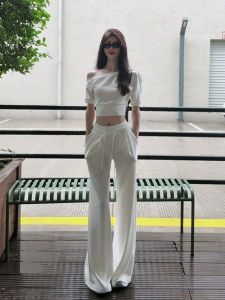 VKSOD | Fashionable Summer Outfit Womens Short Sleeve Shoulder Bared Waist Exposed High Waist Straight Leg Pants Two Piece Set