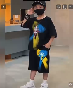 Setelan 1set pakaian anak laki laki lengan pendek dan celana pendek motif TR DESIGN size M L XL