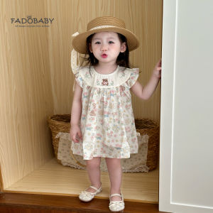 Summer Cotton Blend Dress for Girls Embroidered Bear Princess Skirt Sweet Style mid High Waist A-Line Dress Childrens Clothing