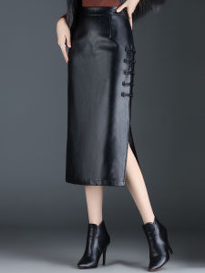 High Waist Retro Button Side Slit Long Skirt Womens Mini Dress PU Leather Casual Mid-Length Wrap around Skirt