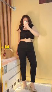 กางเกงยีนส์สาวอวบ M 933 กางเกงยีนส์ยืด 8 ส่วน ปักลายด้านหลัง