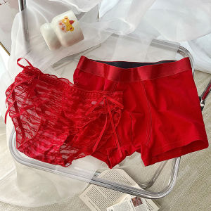 Red Underpants Couple a Set of Newborn Couple Lace Mesh Womens Underwear Good Luck for New Year Mens Cotton Boxers