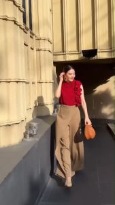 🔖Mirrorsister 41119.2 กางเกงลายริ้วทางลง ทรงขากระบอกดีไซน์แต่งป้ายตั้งแต่เอวเฉียงลงไปที่ปลายขา