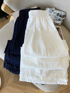 Lace Hem Wide Leg Pants Womens Summer Thin Loose Versatile Casual Pants Silk Elastic Waist Slimming Black Mushroom Edge