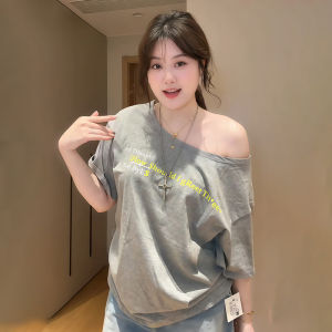 plus Size American Letter Print off Shoulder Short Sleeve T-Shirt Women Summer Slimming Loose Fit Versatile Top Korean Style