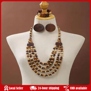 Ethnic Style Vintage Boho Bib Beads Handmade Geometric Round Bohemia Necklace Set Wood Beaded Earrings Geometric Beaded Necklace Handmade Wind Colorful 4 Layers Wood Necklace For Women Vintage Bohemian African Boho Beads Jewelry Collar Gifts Party