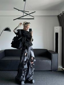 Summer Thin American High Street Loose Straight Leg Oversize Destroyed Jeans Mens Jeans Bell Bottoms Casual Teenagers Jeans