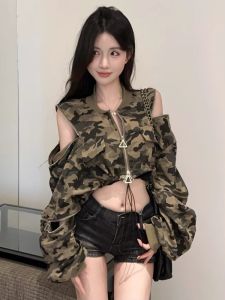 GUZILIAN | Áo nỉ thời trang cổ bẻ hở vai họa tiết camouflage khóa kéo dày thời trang mùa thu phong cách Mỹ cổ điển gợi cảm
