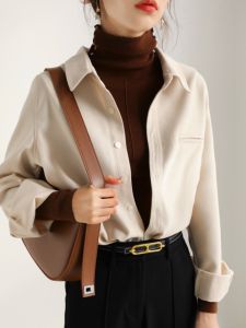 Chic French Brushed Shirt Womens Autumn and Winter Retro Hong Kong Style Shoulder Drape Bandage Dress Inner Wear Sweater Shirt Cardigan