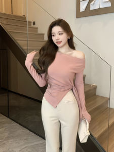 Áo Sơ Mi Dài Tay Hở Vai Thắt Eo Không Đều Mùa Thu Mới Dành Cho Nữ Chất Liệu Cotton Pha Trộn Dáng Ôm Vừa Vặn Cổ Chéo Không Mũ Không Tay Dài