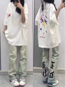 เสื้อยืดคอกลมพิมพ์ลายสไตล์ย้อนยุคแบบอเมริกันสำหรับผู้หญิง ทรงหลวม แฟชั่นฤดูร้อน เสื้อผ้าผู้หญิง 100% ไม่ติดขนแปรง