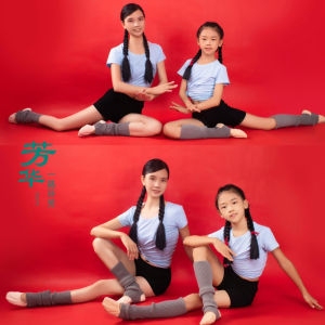 Fanghua Parent-Child Outfit Mother and Daughter Photo Short-Sleeved Shorts T-shirt round Neck Socks Leg Warmer Light Blue Dancing Dress Dancing Dress Velvet Flower Performance