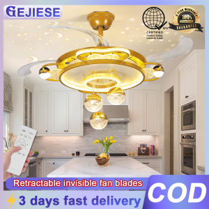 GEJIESE 43inch golden ceiling fan with light modern design retractable invisible fan blades ceiling ligths with fan for living room dinning room