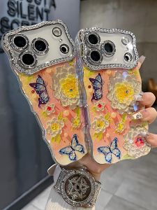 Full Cover Diamond Inlaid Tea Rose Butterfly Design Phone Case for Apple Series iPhone 17 14 pro Max 16 pro Max Premium Feel