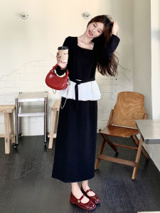 Romantic Black French Style Dress Womens Autumn New High-End Feeling Goddess Long Skirt Commute Korean Version Polyester Fiber