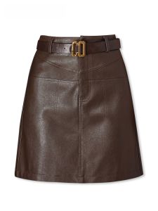 กระโปรงสั้นทรงเอเอวสูง La Chapelle แฟชั่น PU สำหรับผู้หญิง ฤดูใบไม้ร่วง 2023 กระโปรงทรงเอสั้นสไตล์เกาหลี