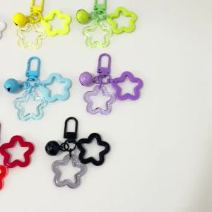 5/10Pcs Acrylic Hollow Star Keychains with Mini Bell Alloy Spring Hook Charms for DIY Bag Pendant Perler Bead Jewelry Making
