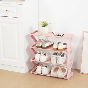 ชั้นวางรองเท้าสแตนเลส 4 ชั้น ชั้นวางรองเท้าแบบ Z ที่สร้างสรรค์ ทนทานทนทาน ประกอบและถอดได้ง่าย เลือกได้หลากหลายสี