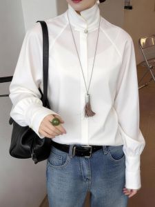 QINGNAER | Elegant Luxury Casual Large Size New Fashion White Slimming Mandarin Collar Long Sleeve Blouse