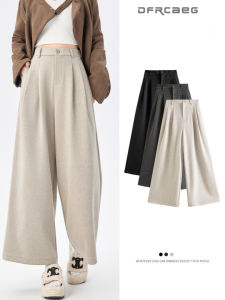 Elastic Waist Womens Thickened Woolen Wide Leg Trousers For Woman Autumn Winter Loose Straight Ankle-Length Pants Lady
