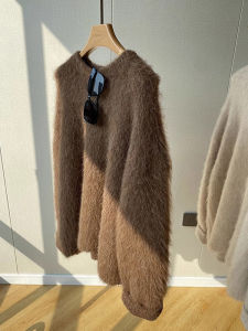 เสื้อสเวตเตอร์ขนกระต่ายสีเบจ ทรงหลวม แขนยาว คอกลม ปกติ ฤดูใบไม้ร่วง/ฤดูหนาว อบอุ่น แฟชั่นผู้หญิง 2025